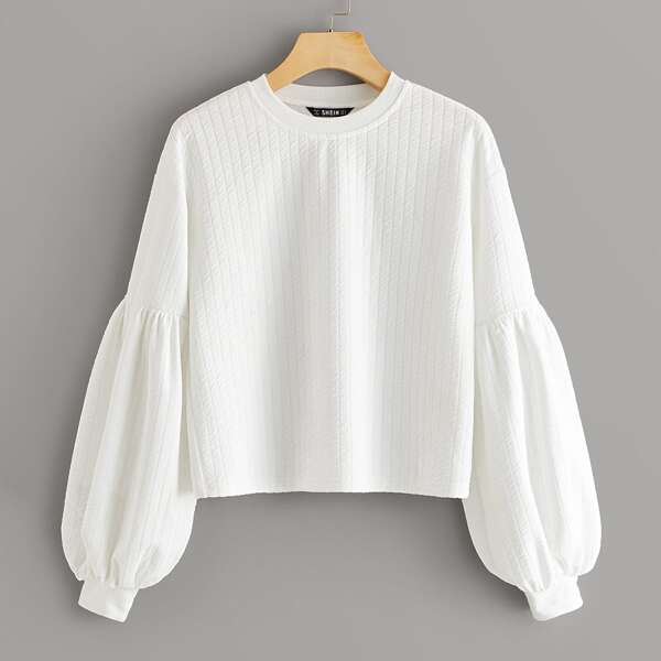 

Lantern Sleeve Rib-knit Top, White