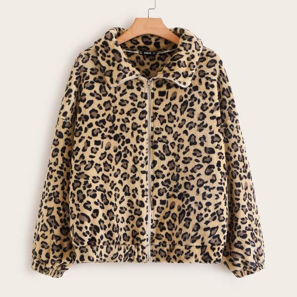 

Plus Zip Up Leopard Fuzzy Jacket, Multicolor