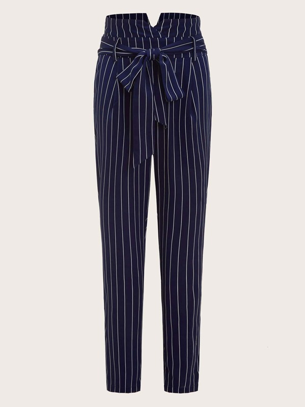 

Striped High Waist Belted Cigarette Pants, Navy