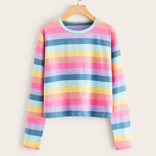 

Rainbow Striped Round Neck Tee, Multicolor
