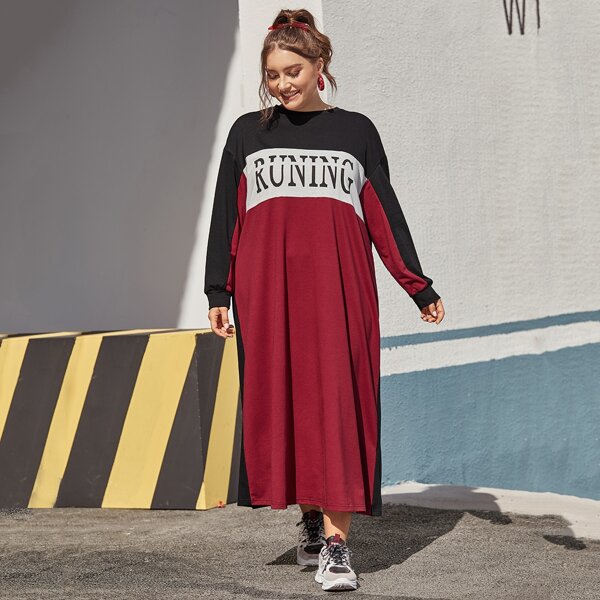 

Plus Letter Graphic Colorblock Sweatshirt Dress, Multicolor