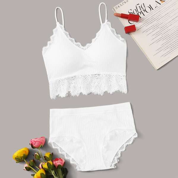 

Floral Lace Ribbed Lingerie Set, White