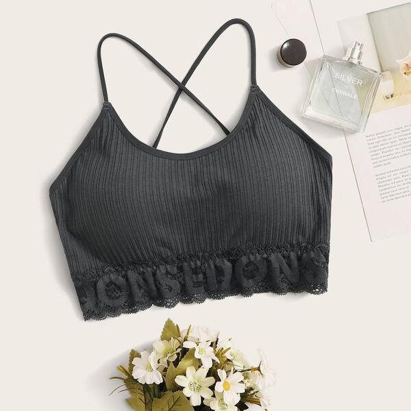 

Letter Lace Criss Cross Back Bralette, Black