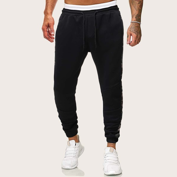 

Men Contrast Camo Tape Drawstring Sweatpants, Black