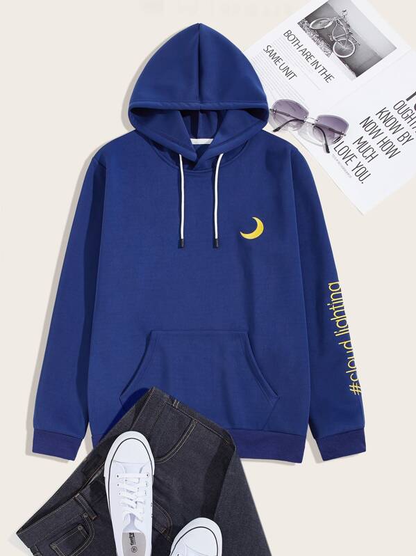 

Men Letter & Moon Embroidery Drawstring Hoodie, Blue