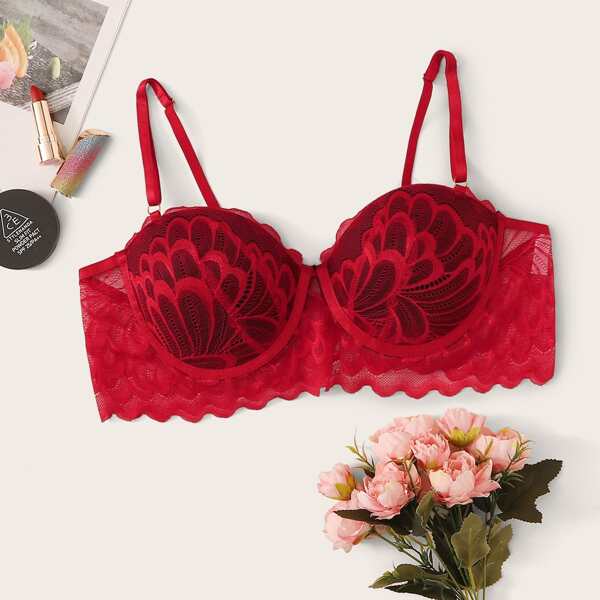 

Plus Floral Lace Underwire Bra, Red
