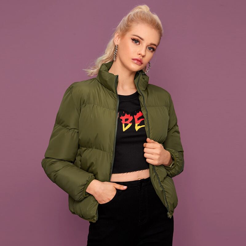 

Solid Zip-up Padded Jacket, Army green