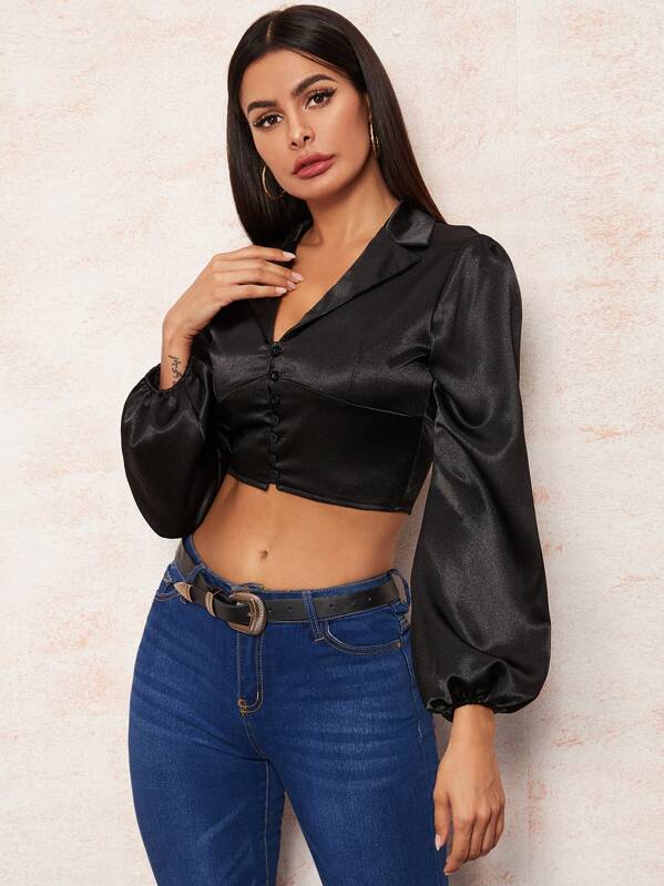 

Lapel Neck Bishop Sleeve Crop Blouse, Black, Andy