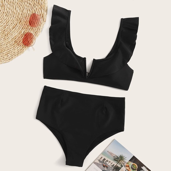 

Ruffle Trim V Wired Top With High Waist Bikini, Black