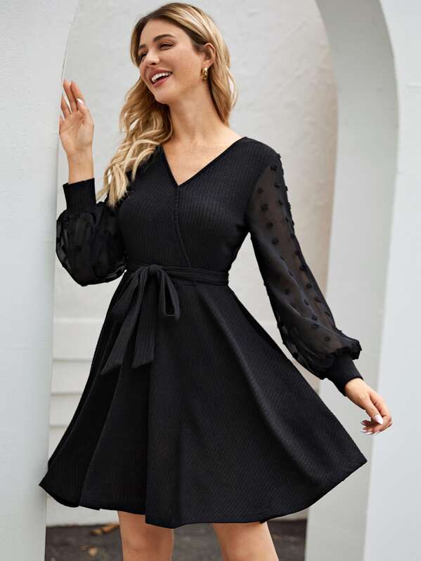 

Contrast Sleeve Swiss Dot Belted Ribbed Dress, Black, Nathane