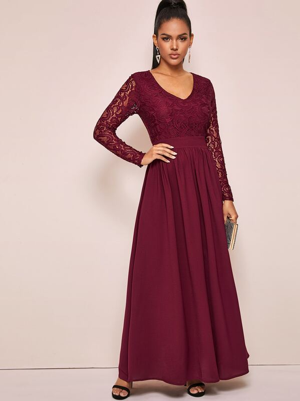 

Lace Panel Backless A-line Dress, Burgundy, Tina