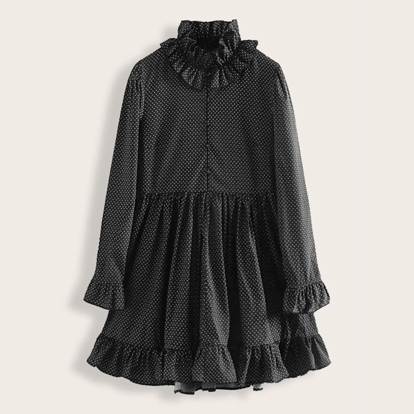 

Polka Dot Ruffle Neck Half Button Dress, Black