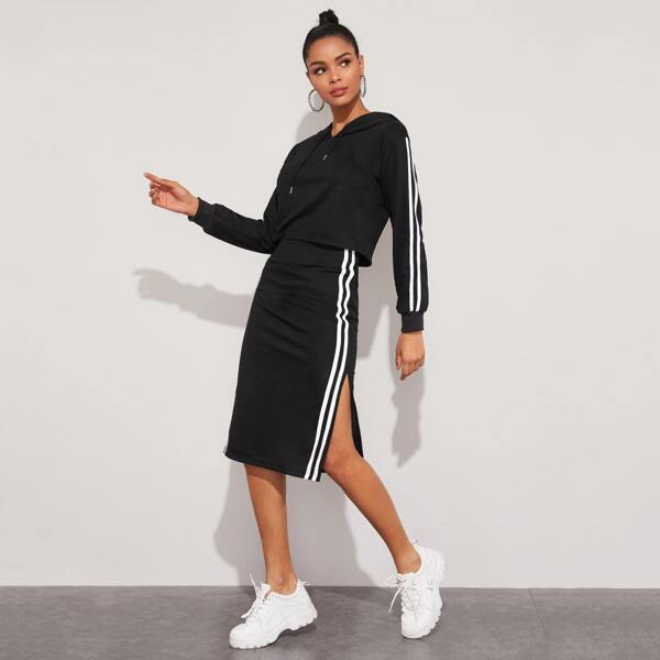 

Side Striped Drawstring Hoodie & Split Side Skirt, Black