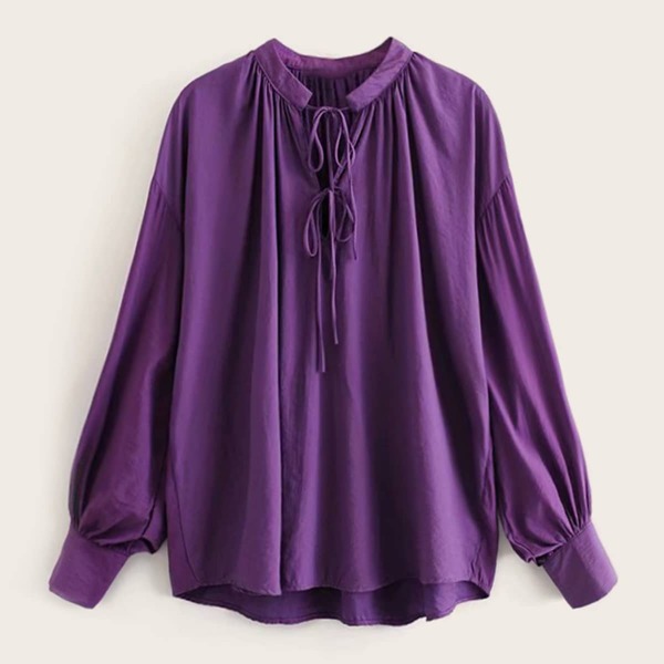 

Notched Tie Front Lantern Sleeve Blouse, Purple