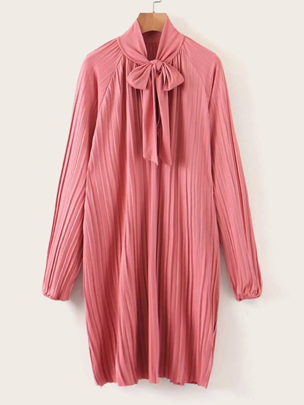 

Plisse Tie Neck Raglan Sleeve Dress, Pink