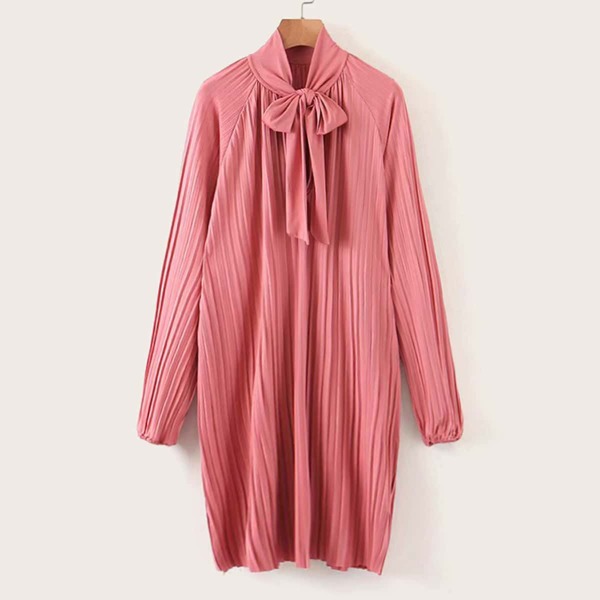 

Plisse Tie Neck Raglan Sleeve Dress, Pink