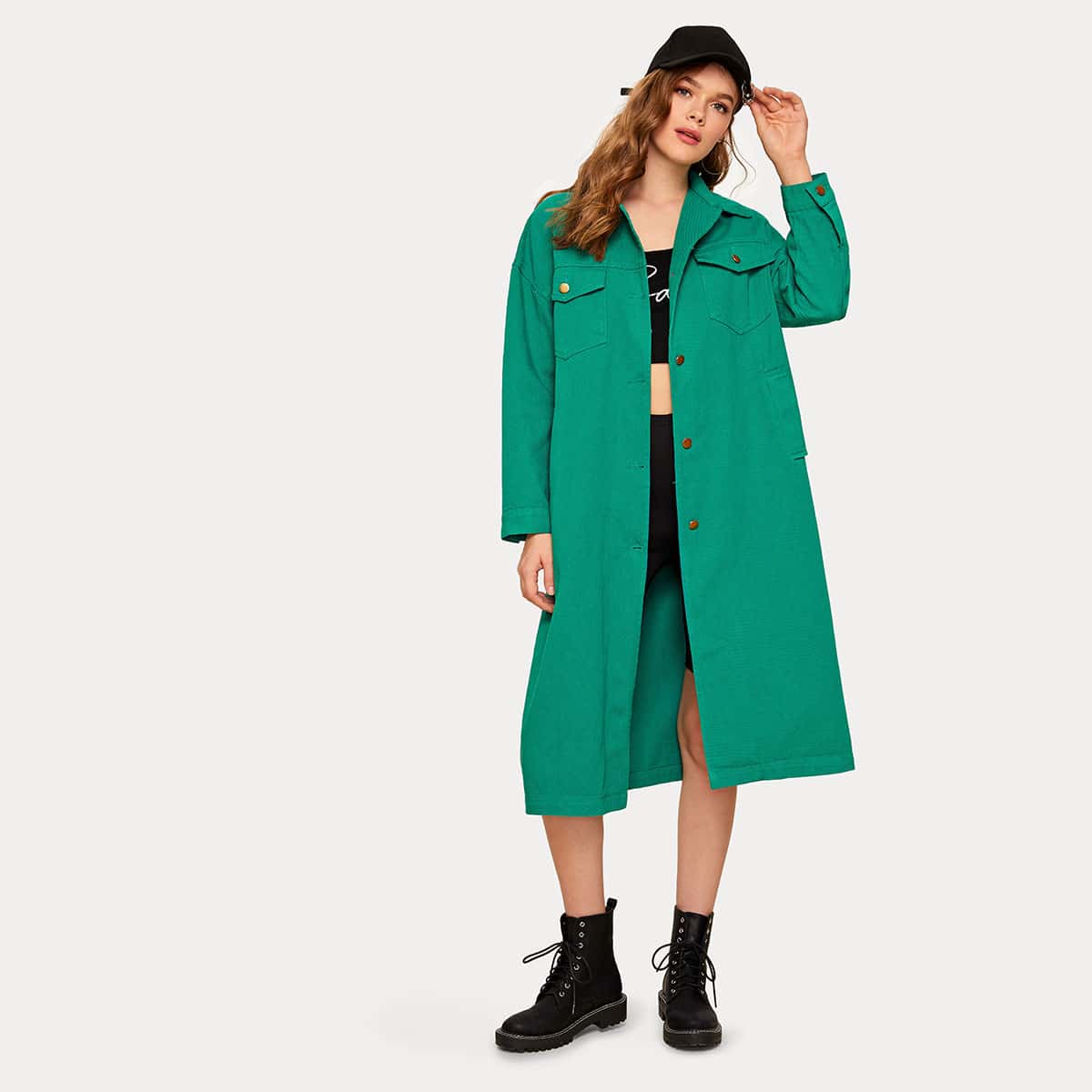 

Flap Pocket Button Through Denim Jacket, Green