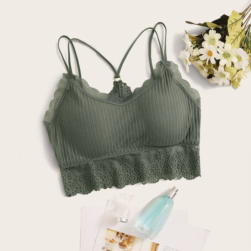 

Contrast Lace Ribbed Bralette, Green