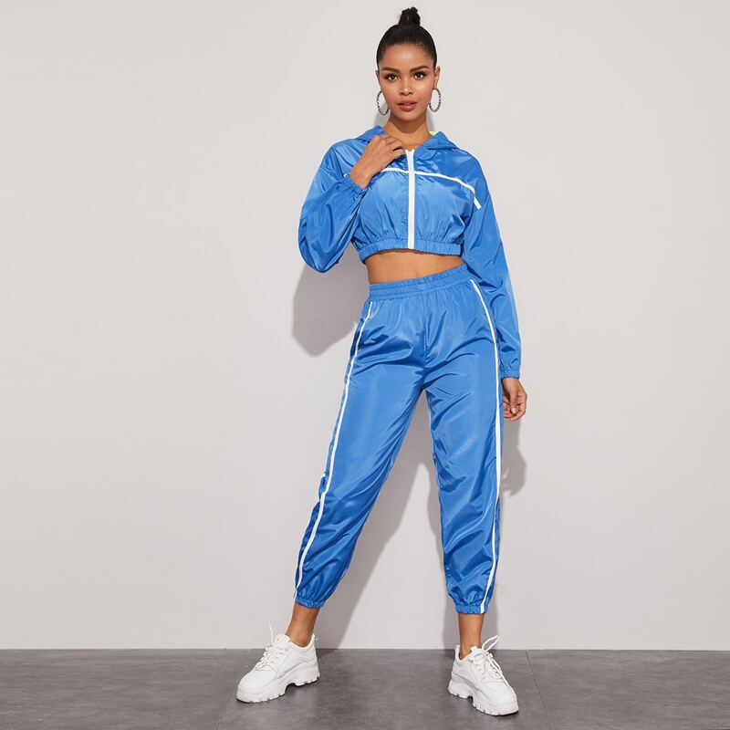 

Contrast Tape Hooded Windbreaker Jacket & Sweatpants, Blue