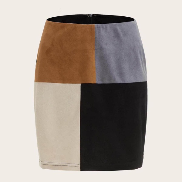 

Suede Color-block Zipper Back Skirt, Multicolor