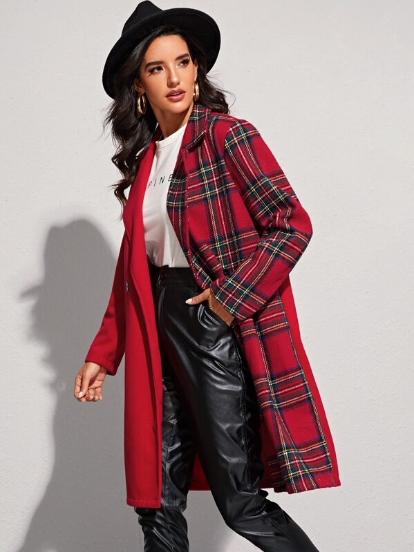 

Tweed Contrast Tartan Panel Lapel Neck Coat, Red, Juliana