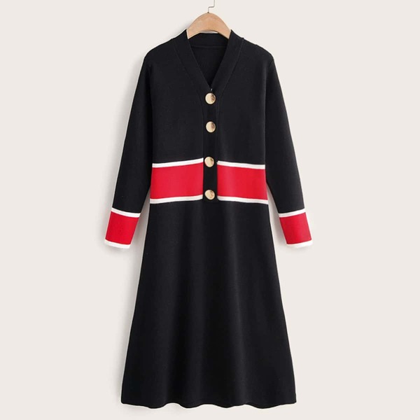 

Colorblock Half Button Sweater Dress, Black