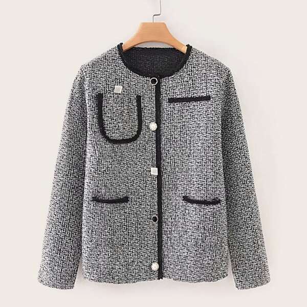 

Beaded Single Breasted Tweed Coat, Grey
