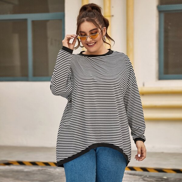 

Plus Drop Shoulder Asymmetrical Hem Striped Ringer Tee, Black and white