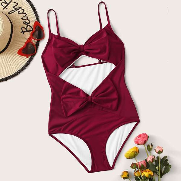 

Bow Front Cut Out One Piece Swimwear, Burgundy