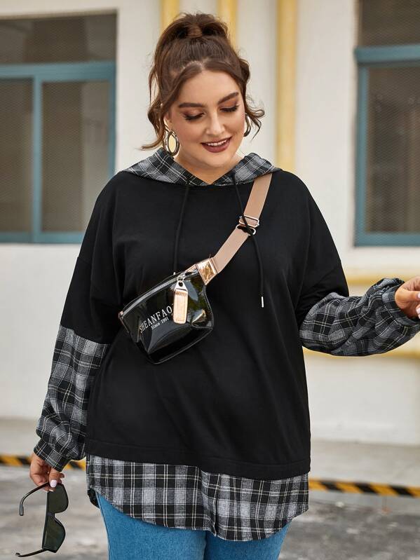 

Plus Mixed Media 2 In 1 Plaid Hoodie Without Bag, Black, Franziska