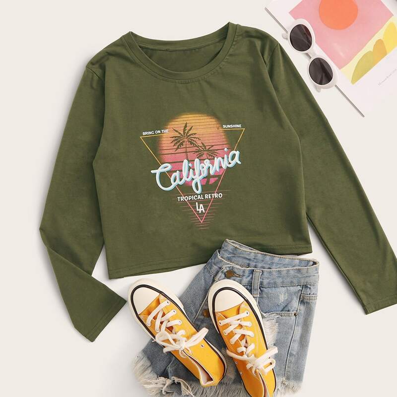

Palm Tree & Letter Graphic Long Sleeve Tee, Army green
