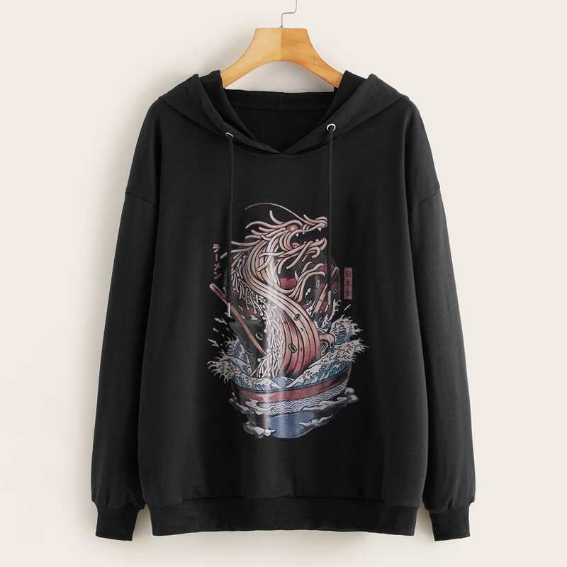 

Dragon Print Drawstring Hoodie, Black