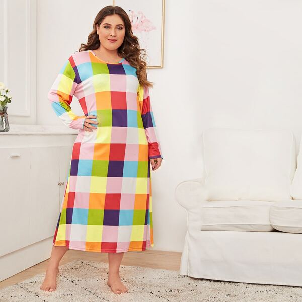 

Plus Multi-color Plaid Night Dress, Multicolor