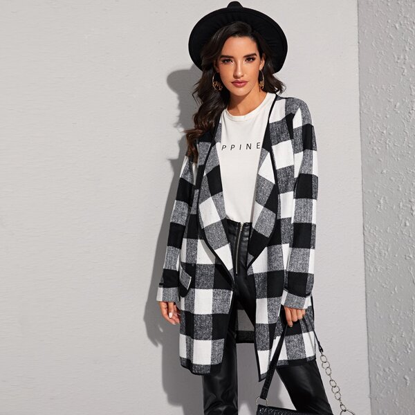 

Tweed Waterfall Open Front Gingham Coat, Black and white