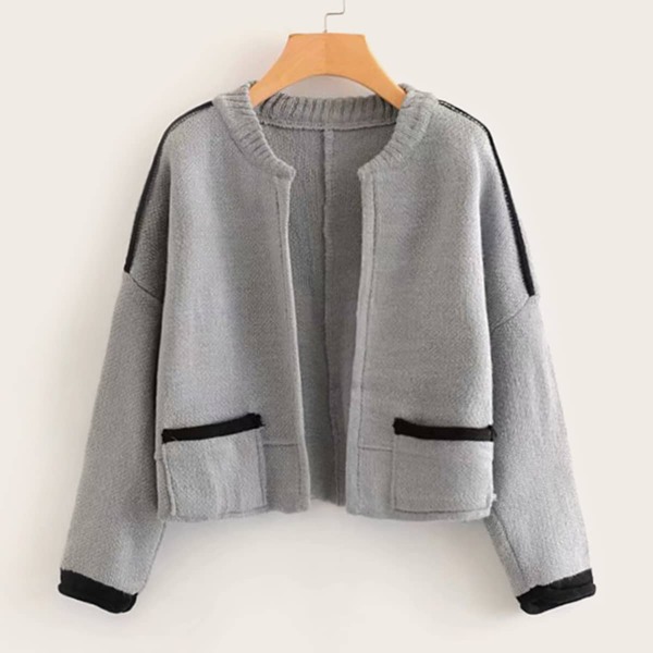 

Contrast Trim Open Front Cardigan, Grey
