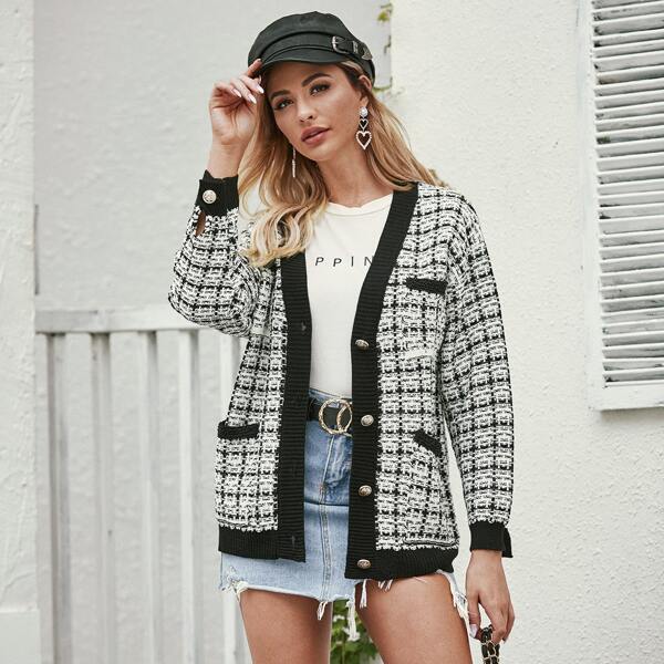 

Plaid Print Contrast Trim Single Breasted Cardigan, Black and white