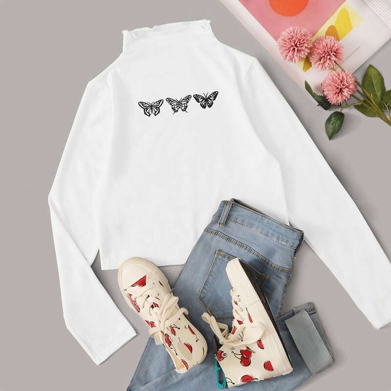 

Butterfly Print Mock Neck Long Sleeve Tee, White