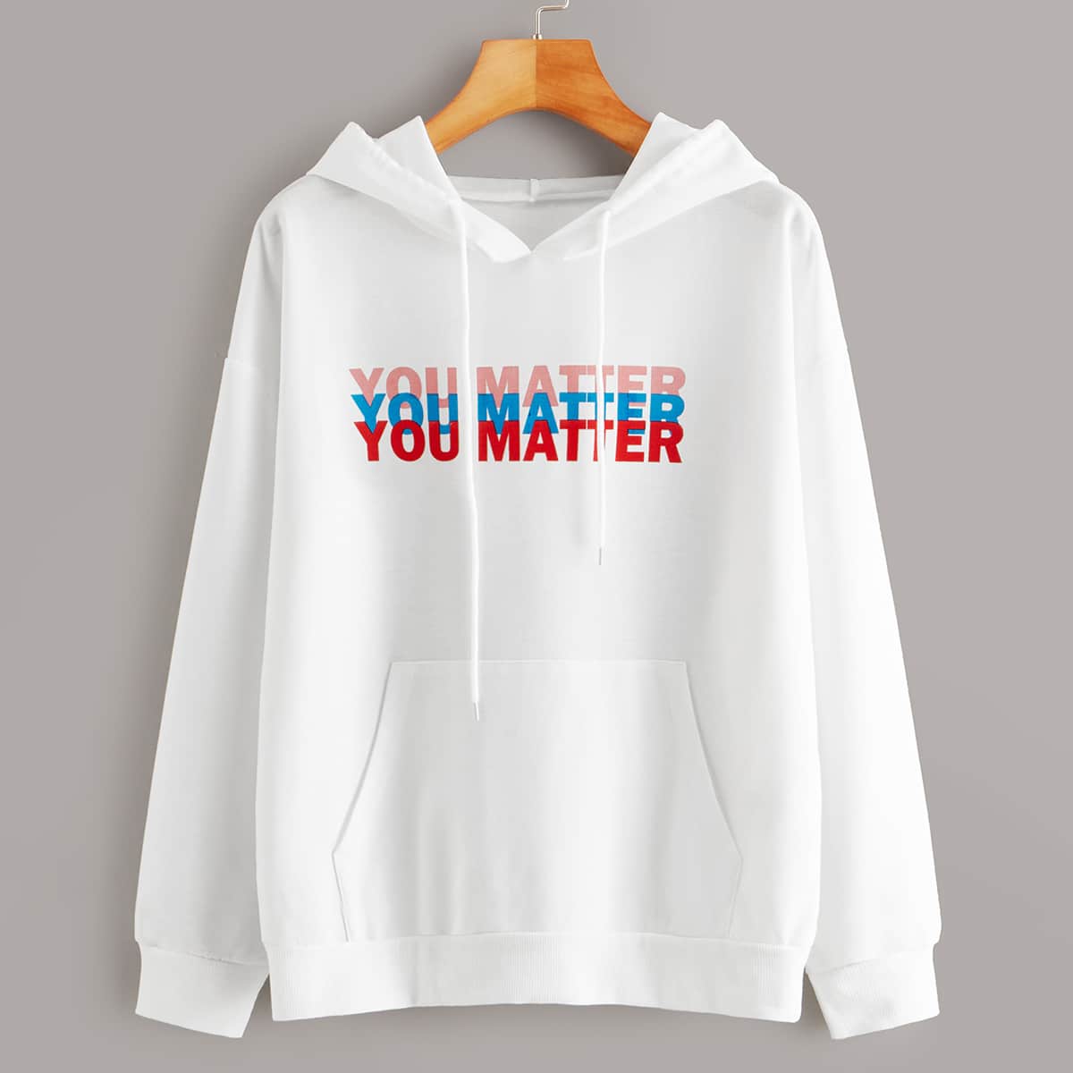 

Slogan Graphic Kangaroo Pocket Drawstring Hoodie, White