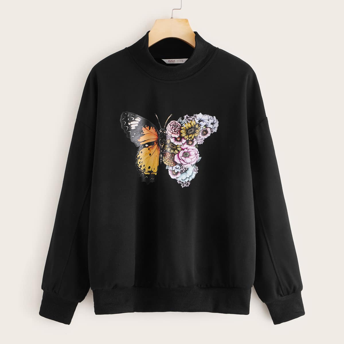 

Floral & Butterfly Print Mock Collar Sweatshirt, Black