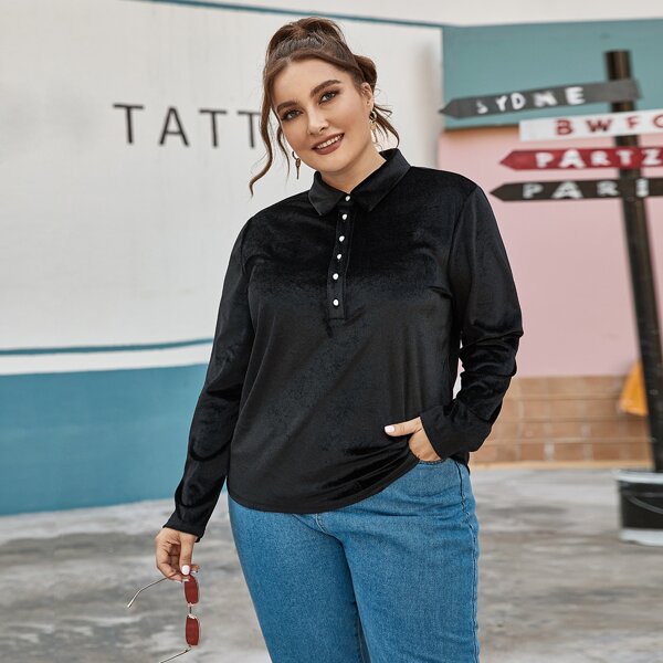 

Plus Button Front Velvet Top, Black