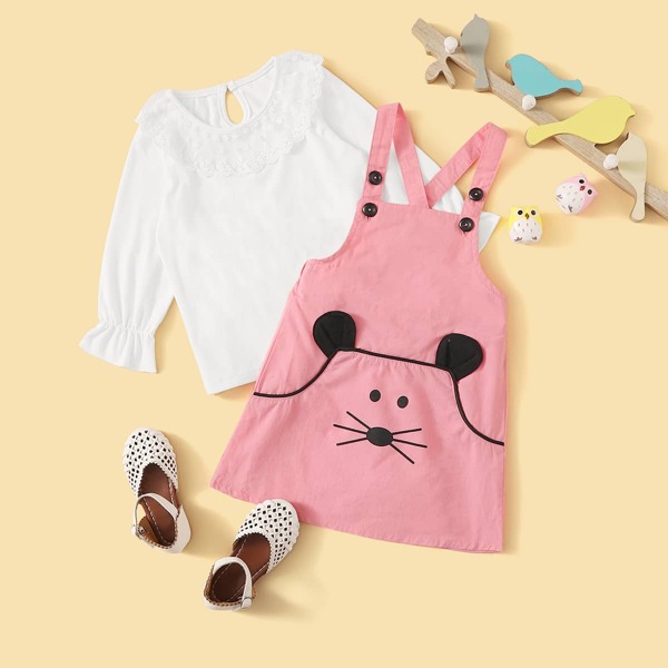 

Toddler Girls Lace Panel Tee With Cartoon Graphic Pinafore Dress, Multicolor