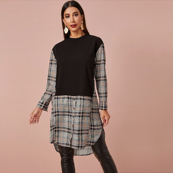 

Plaid Plaid Curved Hem Longline Blouse, Multicolor