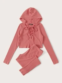 SHEIN 素色繫帶羅紋針織連帽衫和褲子套裝 - 珊瑚粉 - 查看 5