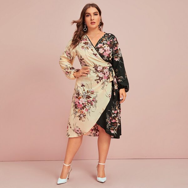 

Plus Surplice Neck Floral Print A-line Dress, Multicolor