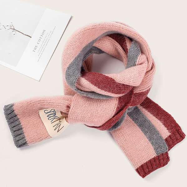 

Girls Color Block Letter Patched Knit Scarf, Pink