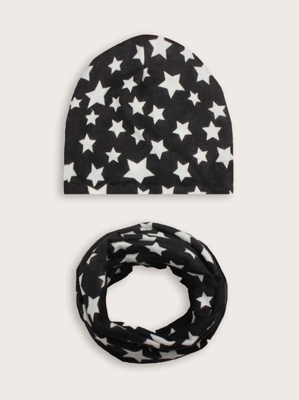 

Baby Star Pattern Beanie & Ring Scarf, Black and white