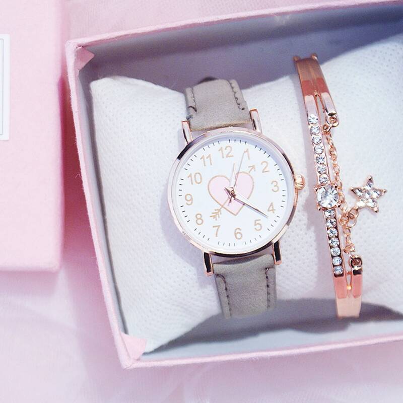 

1pc Heart Print Dial Watch & 1pc Bracelet