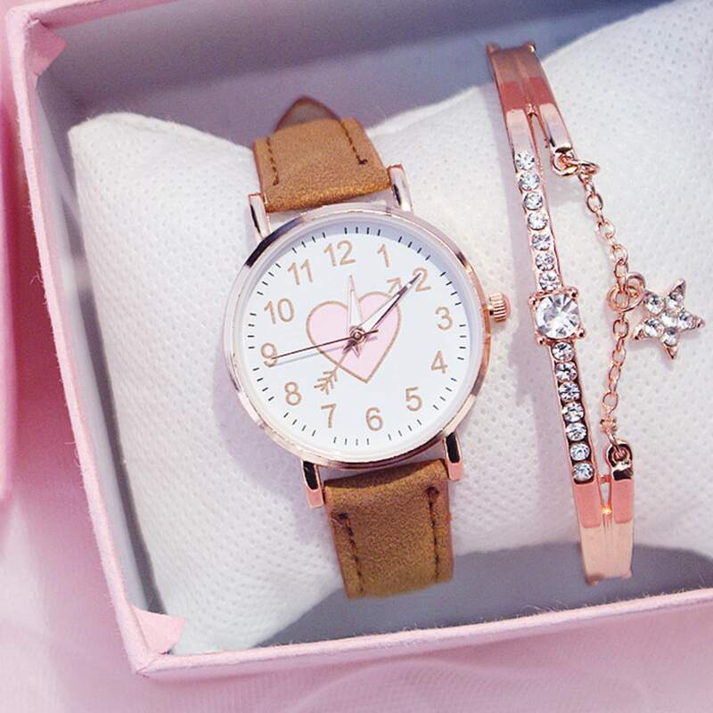 

1pc Heart Print Dial Watch & 1pc Bracelet