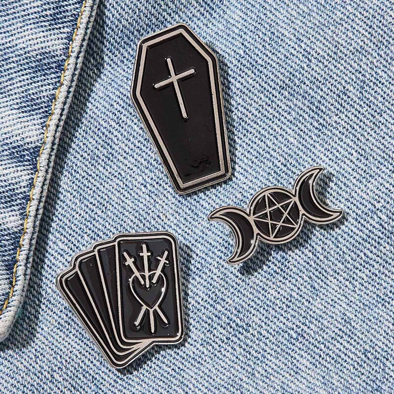 

3pcs Cross & Moon Brooch Set, Black