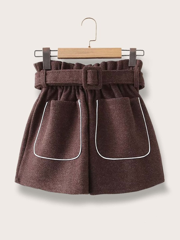 

Paperbag Waist Buckle Belted Tweed Short, Brown